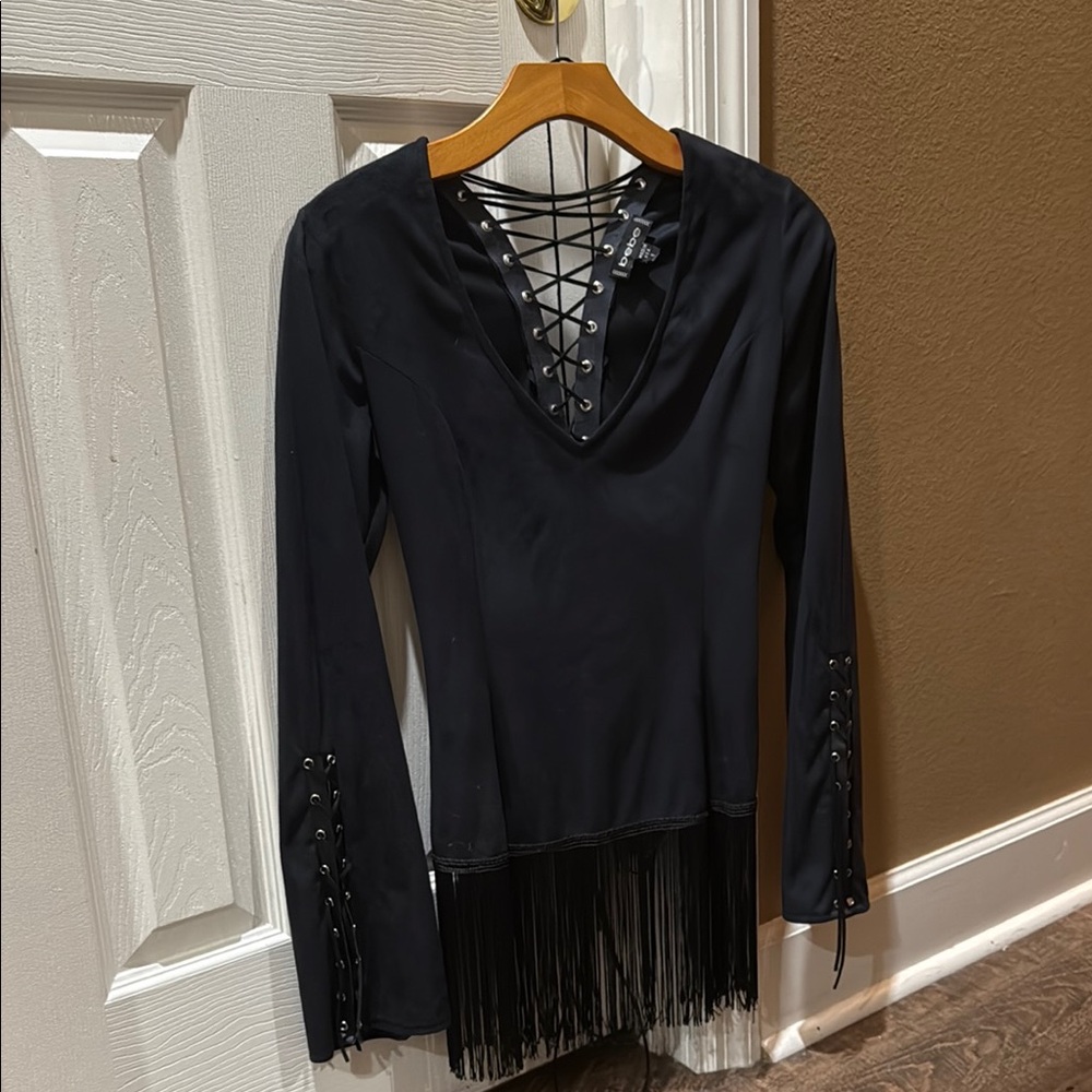 Bebe Black Lace-Up Blouse with Fringe